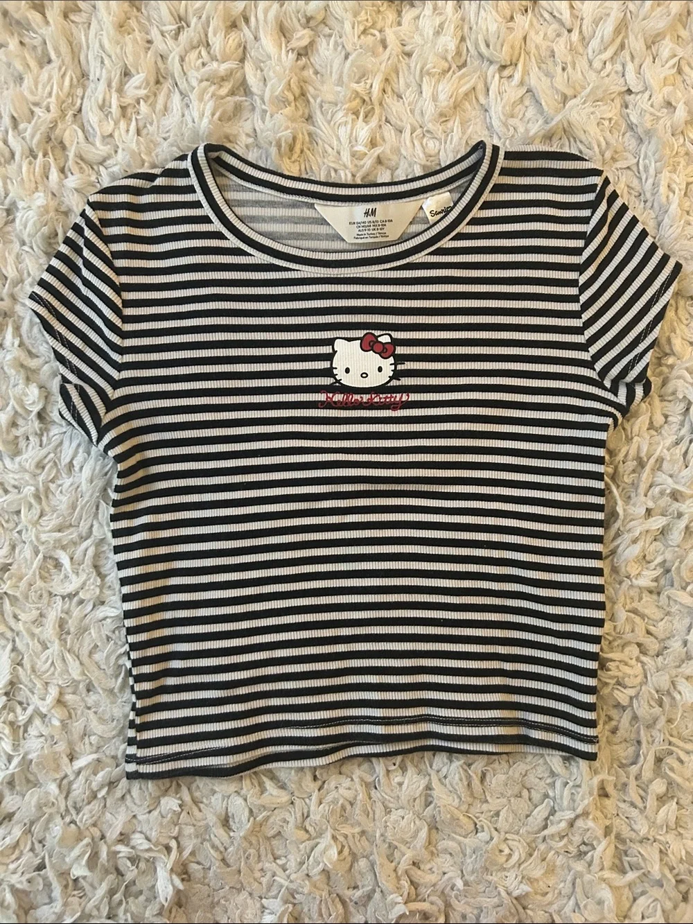 H&M Girls Black & White Striped Sanrio Hello Kitty Ribbed Tee